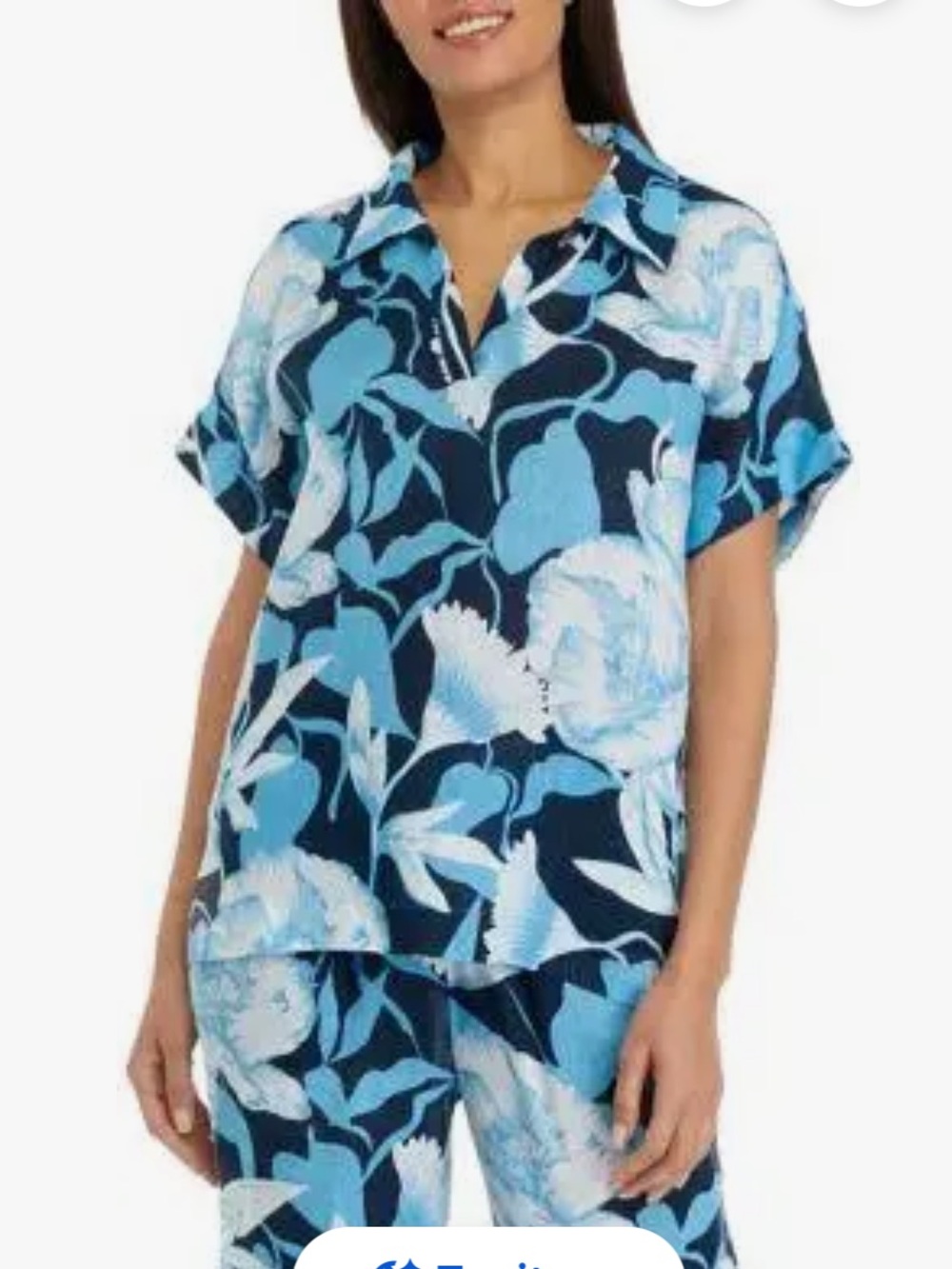 Elie Elie Tahari Blue & White Floral 100% Linen Split Neck Blouse Size SP